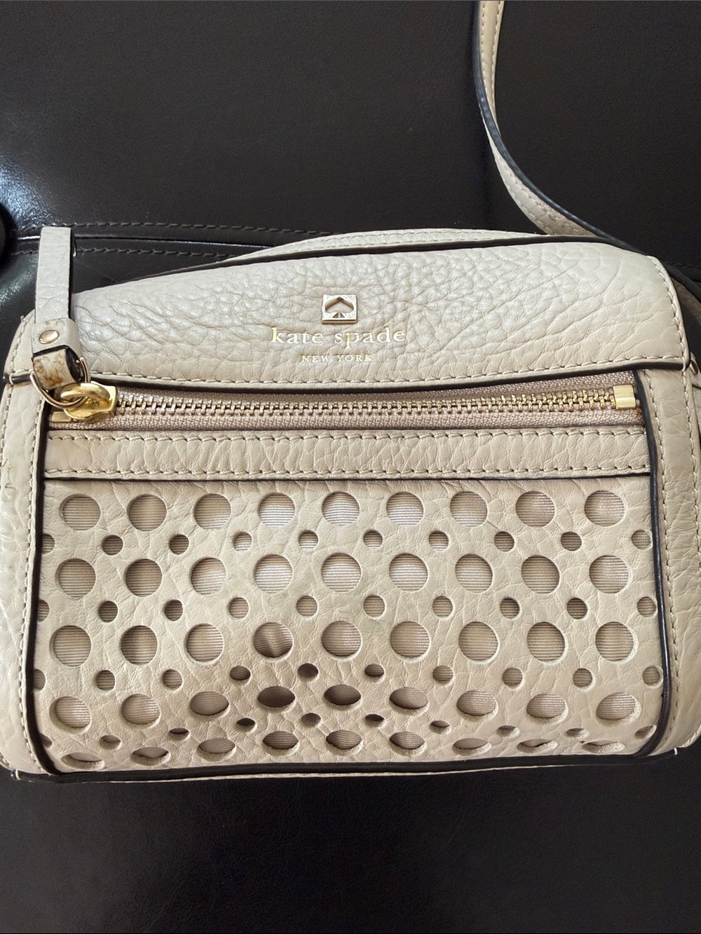 kate spade cream perforated leather crossbody with gold-tone accents
